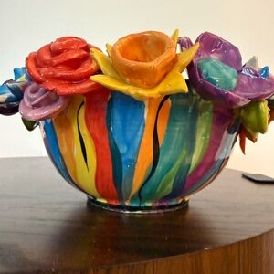 Mary Rose Young Signed Bright Multicolor Ceramic Flower Bowl